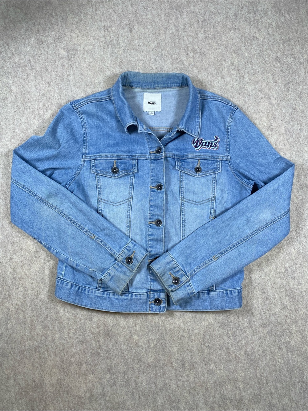 Vans Denim Trucker Jacket Women’s L Blue Embroidered Logo Skate Streetwear